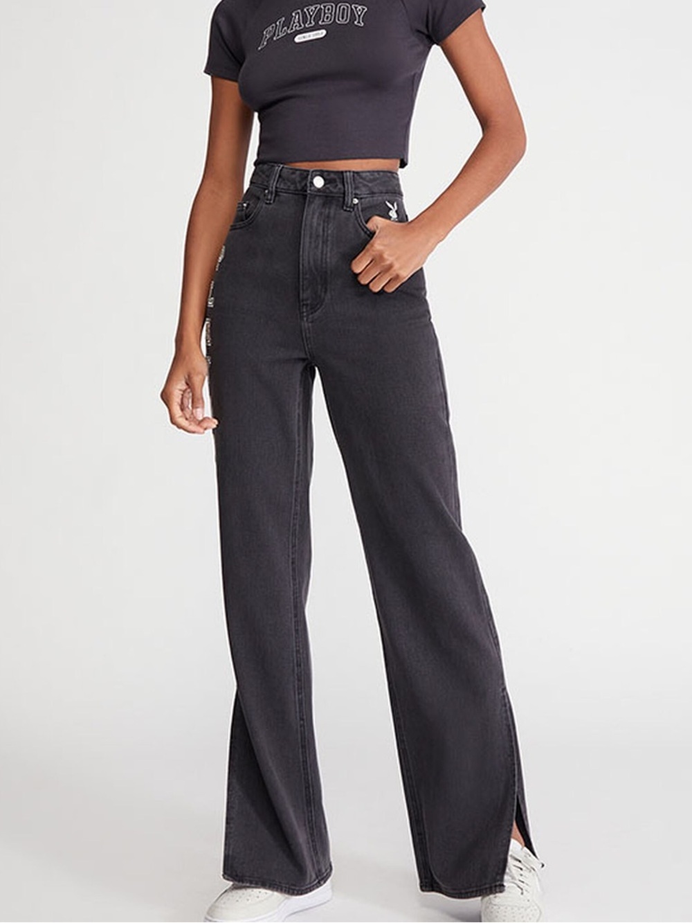 PLAYBOY by PACSUN Black Straight Leg 90s Jeans with Vertical Logo 26